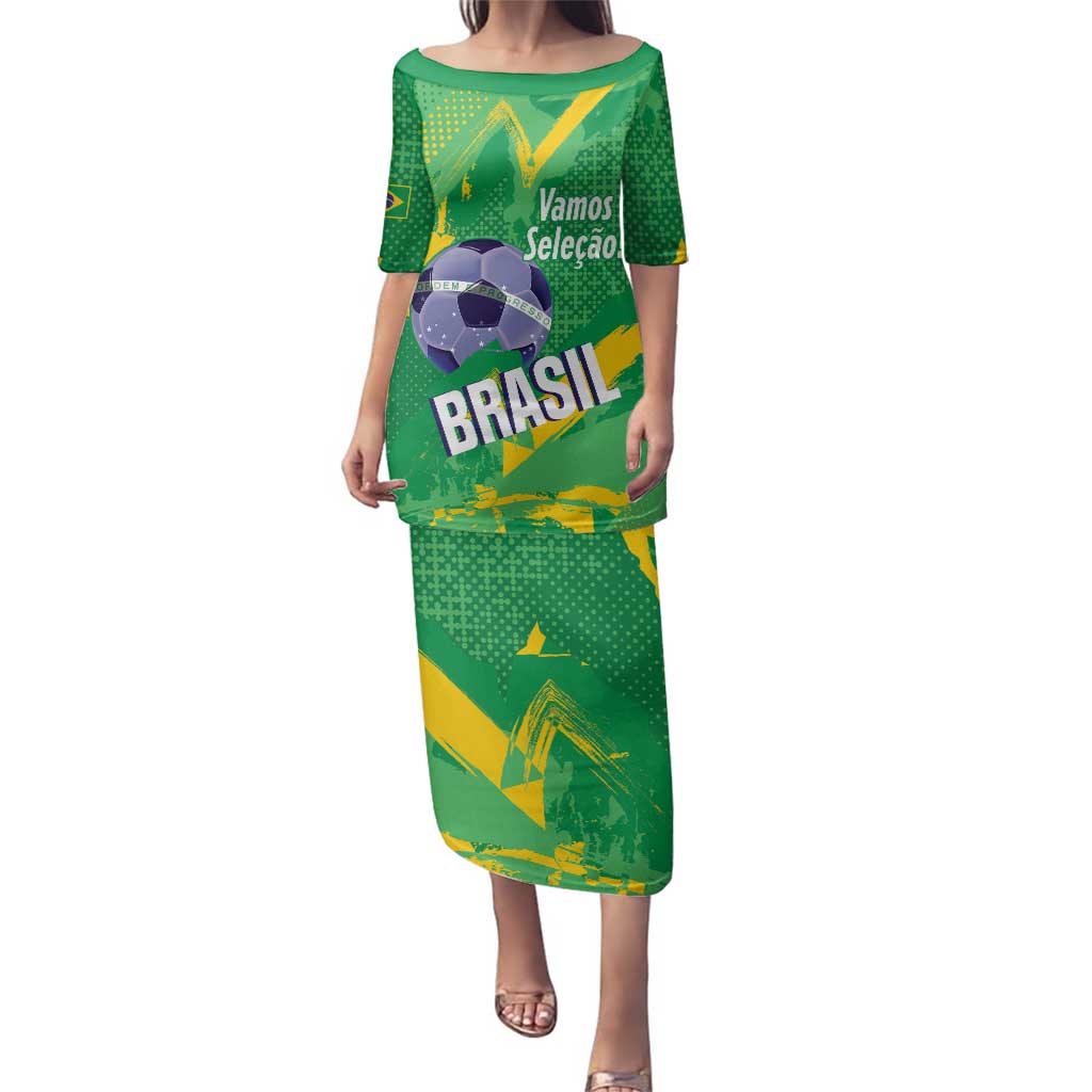 Custom Brazil Football Family Matching Puletasi and Hawaiian Shirt Vamos Selecao Brushes Style - Wonder Print Shop