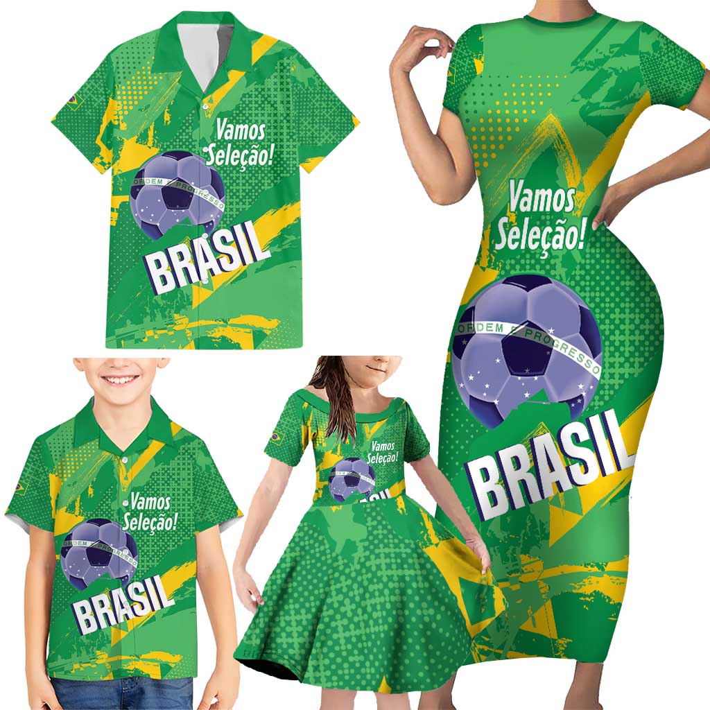 Custom Brazil Football Family Matching Short Sleeve Bodycon Dress and Hawaiian Shirt Vamos Selecao Brushes Style - Wonder Print Shop