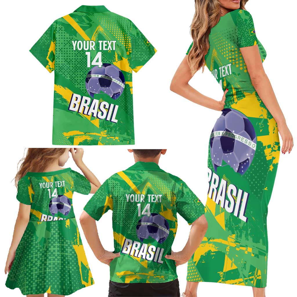 Custom Brazil Football Family Matching Short Sleeve Bodycon Dress and Hawaiian Shirt Vamos Selecao Brushes Style - Wonder Print Shop