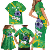 Custom Brazil Football Family Matching Short Sleeve Bodycon Dress and Hawaiian Shirt Vamos Selecao Brushes Style - Wonder Print Shop
