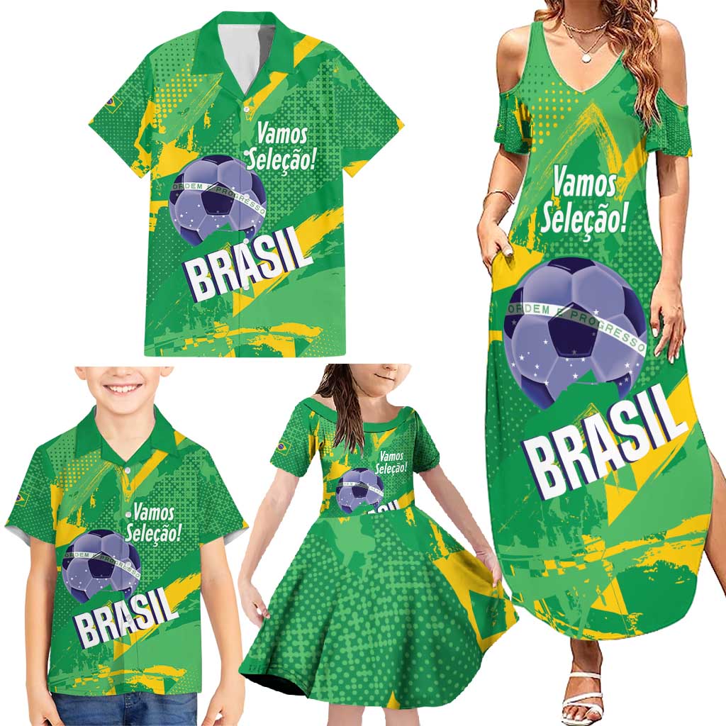 Custom Brazil Football Family Matching Summer Maxi Dress and Hawaiian Shirt Vamos Selecao Brushes Style - Wonder Print Shop