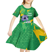 Custom Brazil Football Kid Short Sleeve Dress Vamos Selecao Brushes Style - Wonder Print Shop