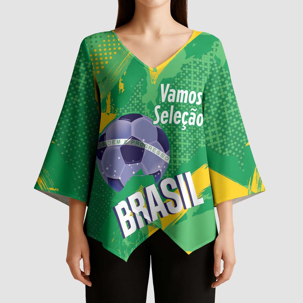 Custom Brazil Football Kimono Sleeve Blouse Vamos Selecao Brushes Style - Wonder Print Shop