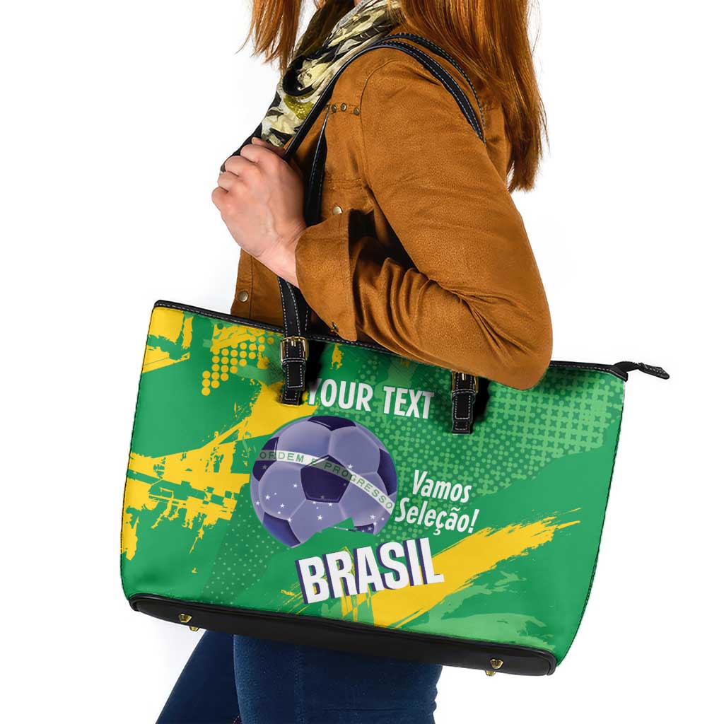 Custom Brazil Football Leather Tote Bag Vamos Selecao Brushes Style - Wonder Print Shop