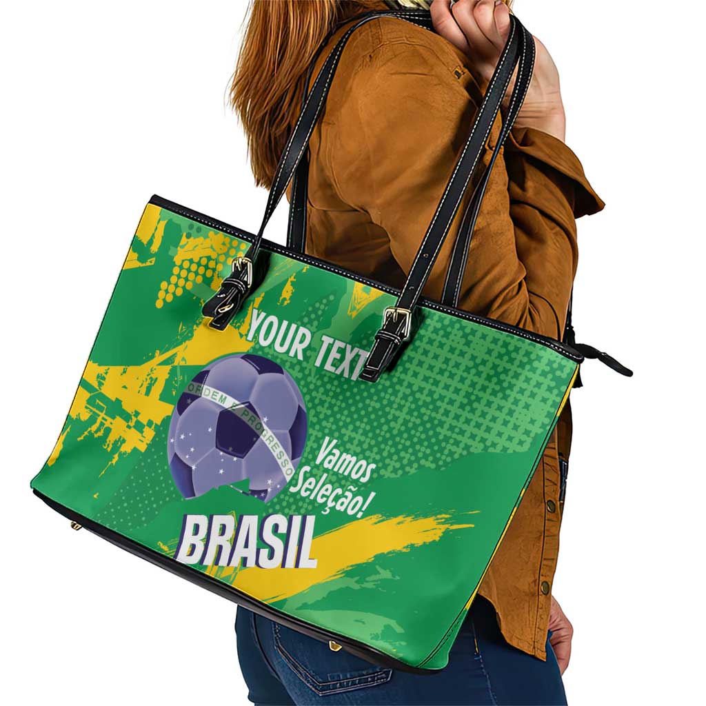 Custom Brazil Football Leather Tote Bag Vamos Selecao Brushes Style - Wonder Print Shop