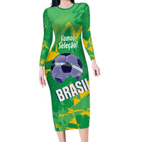 Custom Brazil Football Long Sleeve Bodycon Dress Vamos Selecao Brushes Style - Wonder Print Shop