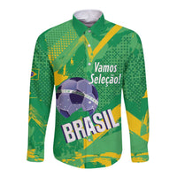 Custom Brazil Football Long Sleeve Button Shirt Vamos Selecao Brushes Style - Wonder Print Shop