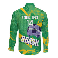 Custom Brazil Football Long Sleeve Button Shirt Vamos Selecao Brushes Style - Wonder Print Shop