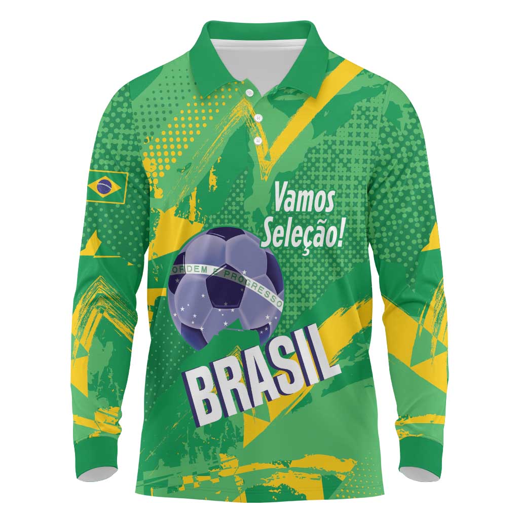 Custom Brazil Football Long Sleeve Polo Shirt Vamos Selecao Brushes Style - Wonder Print Shop