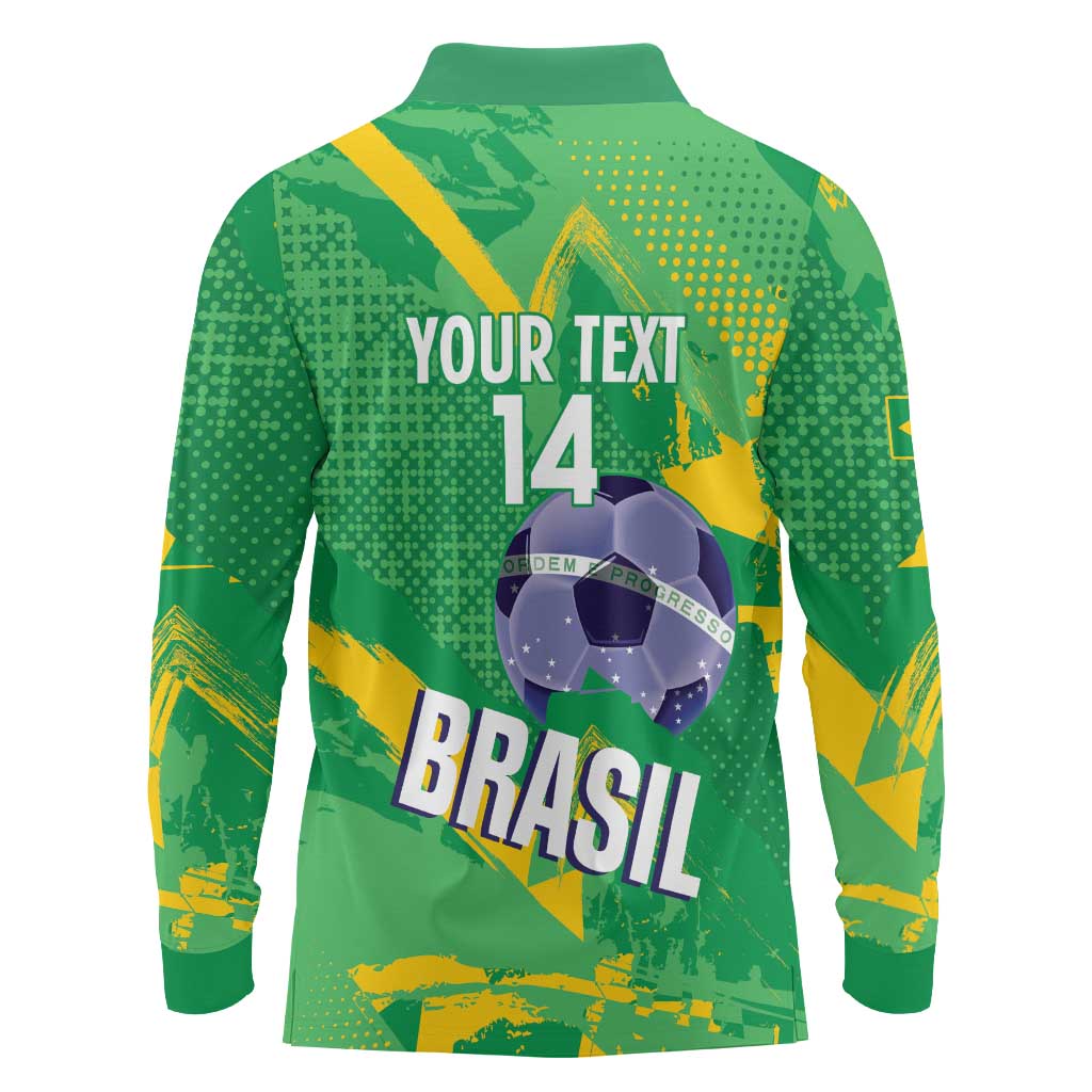 Custom Brazil Football Long Sleeve Polo Shirt Vamos Selecao Brushes Style - Wonder Print Shop