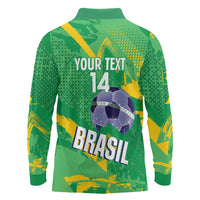Custom Brazil Football Long Sleeve Polo Shirt Vamos Selecao Brushes Style - Wonder Print Shop