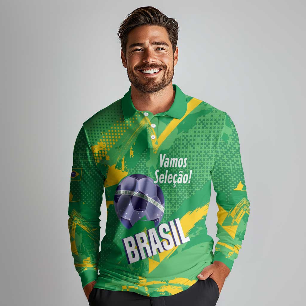 Custom Brazil Football Long Sleeve Polo Shirt Vamos Selecao Brushes Style - Wonder Print Shop