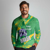 Custom Brazil Football Long Sleeve Polo Shirt Vamos Selecao Brushes Style - Wonder Print Shop