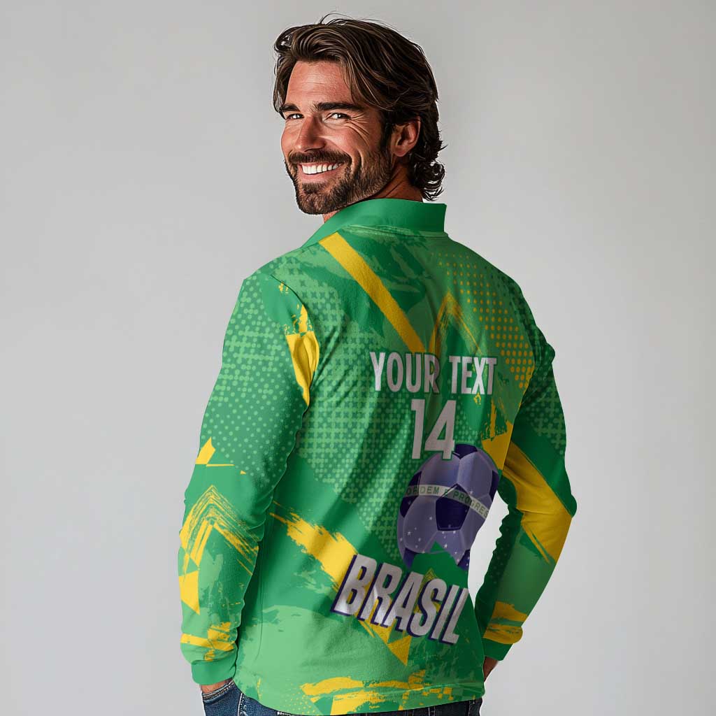Custom Brazil Football Long Sleeve Polo Shirt Vamos Selecao Brushes Style - Wonder Print Shop