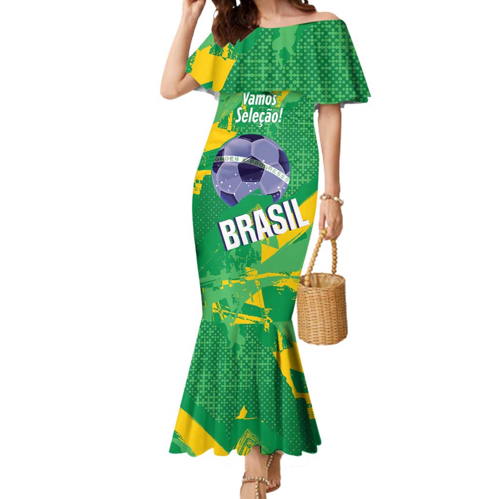 Custom Brazil Football Mermaid Dress Vamos Selecao Brushes Style - Wonder Print Shop