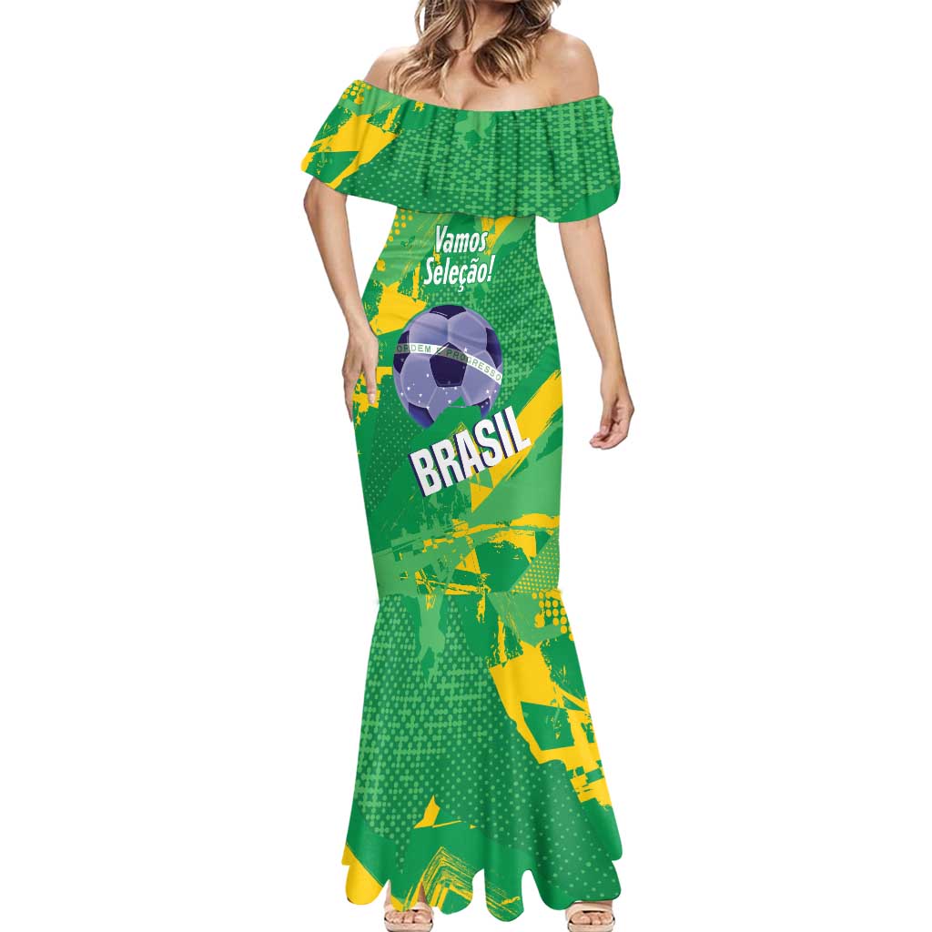 Custom Brazil Football Mermaid Dress Vamos Selecao Brushes Style - Wonder Print Shop