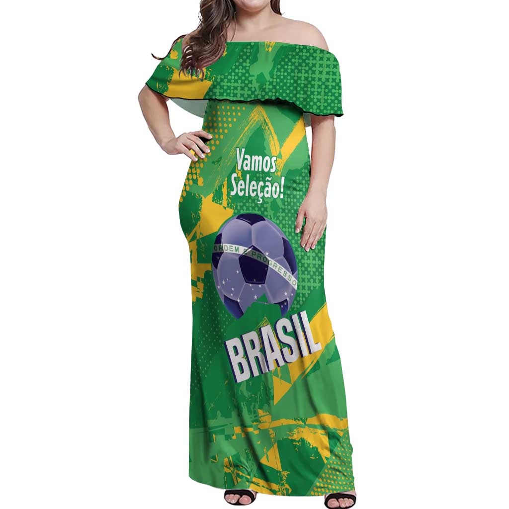 Custom Brazil Football Off Shoulder Maxi Dress Vamos Selecao Brushes Style - Wonder Print Shop