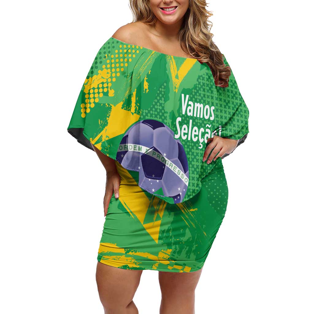 Custom Brazil Football Off Shoulder Short Dress Vamos Selecao Brushes Style - Wonder Print Shop
