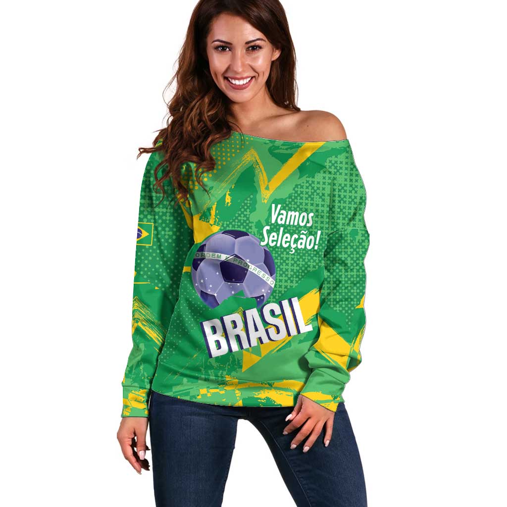 Custom Brazil Football Off Shoulder Sweater Vamos Selecao Brushes Style - Wonder Print Shop