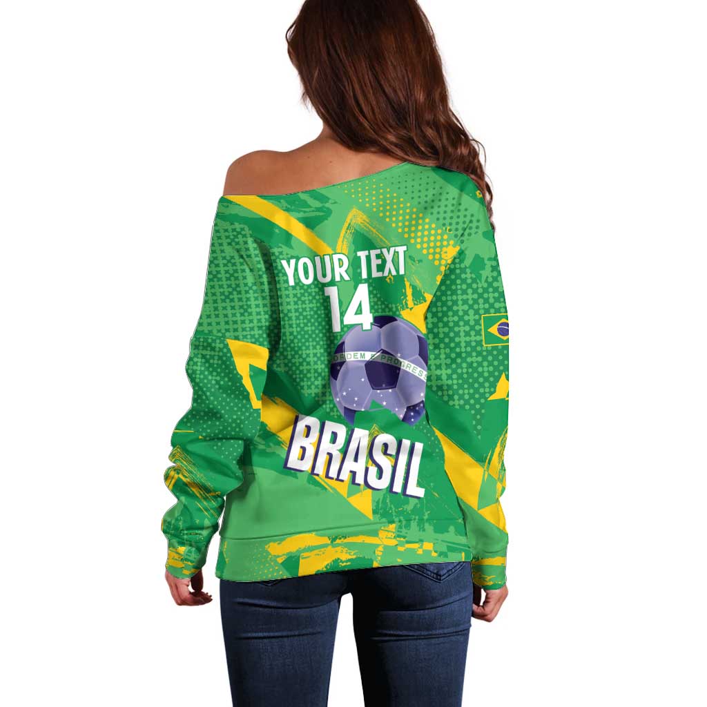 Custom Brazil Football Off Shoulder Sweater Vamos Selecao Brushes Style - Wonder Print Shop