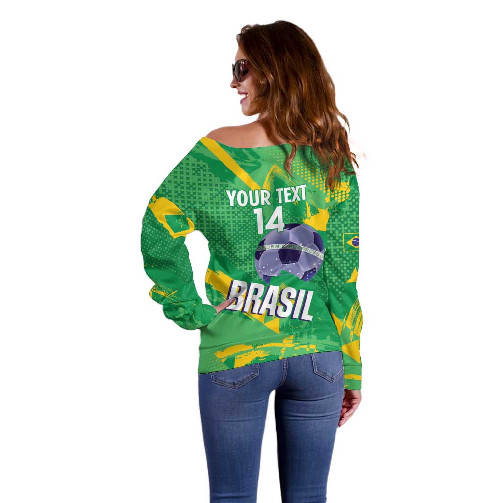 Custom Brazil Football Off Shoulder Sweater Vamos Selecao Brushes Style - Wonder Print Shop
