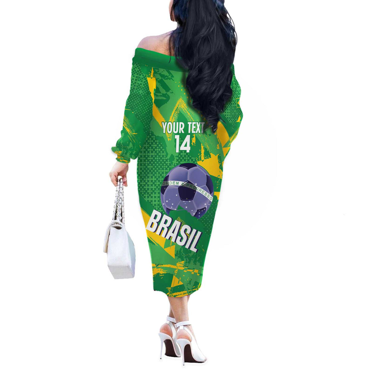 Custom Brazil Football Off The Shoulder Long Sleeve Dress Vamos Selecao Brushes Style - Wonder Print Shop