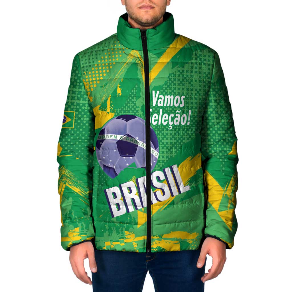 Custom Brazil Football Padded Jacket Vamos Selecao Brushes Style - Wonder Print Shop