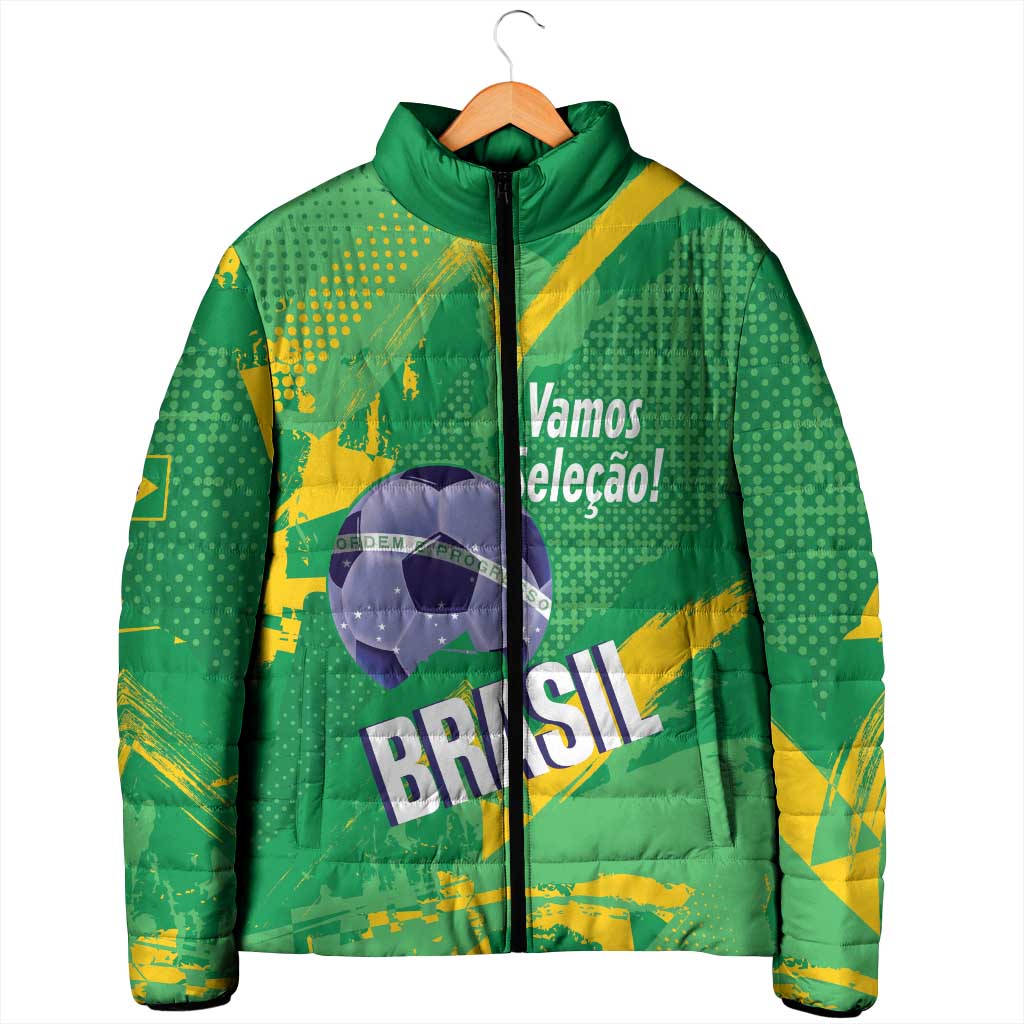 Custom Brazil Football Padded Jacket Vamos Selecao Brushes Style - Wonder Print Shop