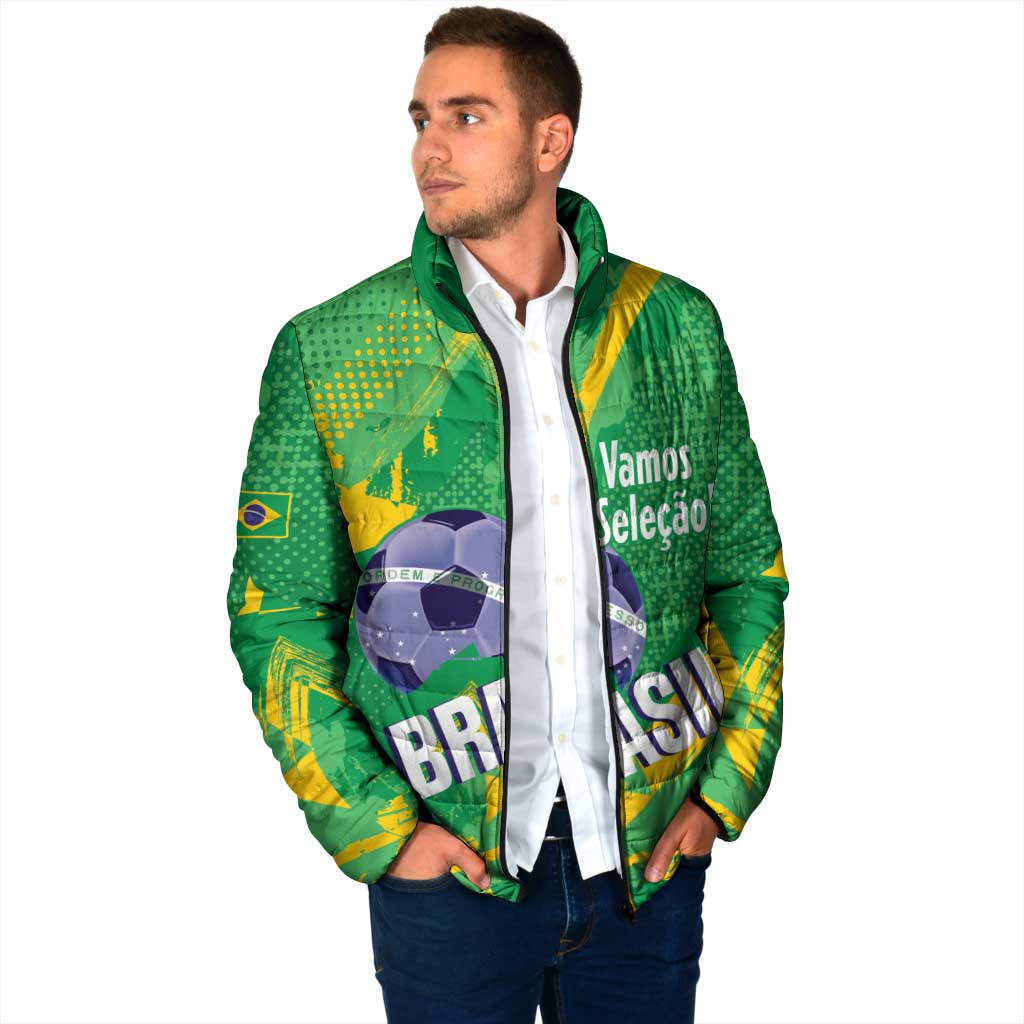 Custom Brazil Football Padded Jacket Vamos Selecao Brushes Style - Wonder Print Shop