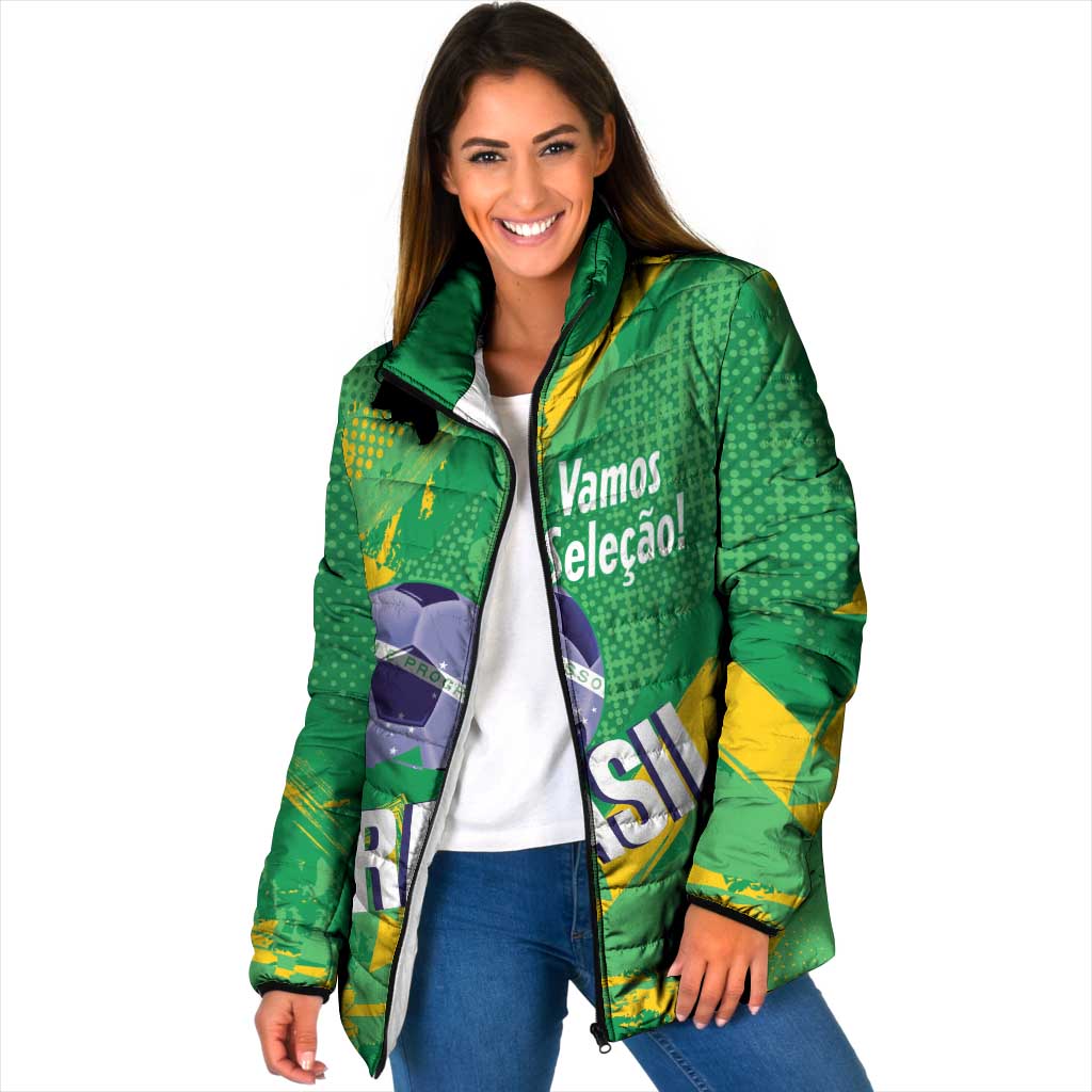 Custom Brazil Football Padded Jacket Vamos Selecao Brushes Style - Wonder Print Shop