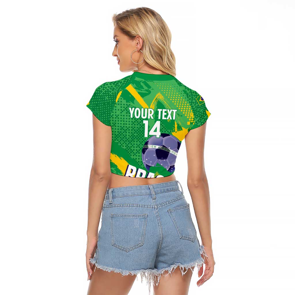 Custom Brazil Football Raglan Cropped T Shirt Vamos Selecao Brushes Style - Wonder Print Shop