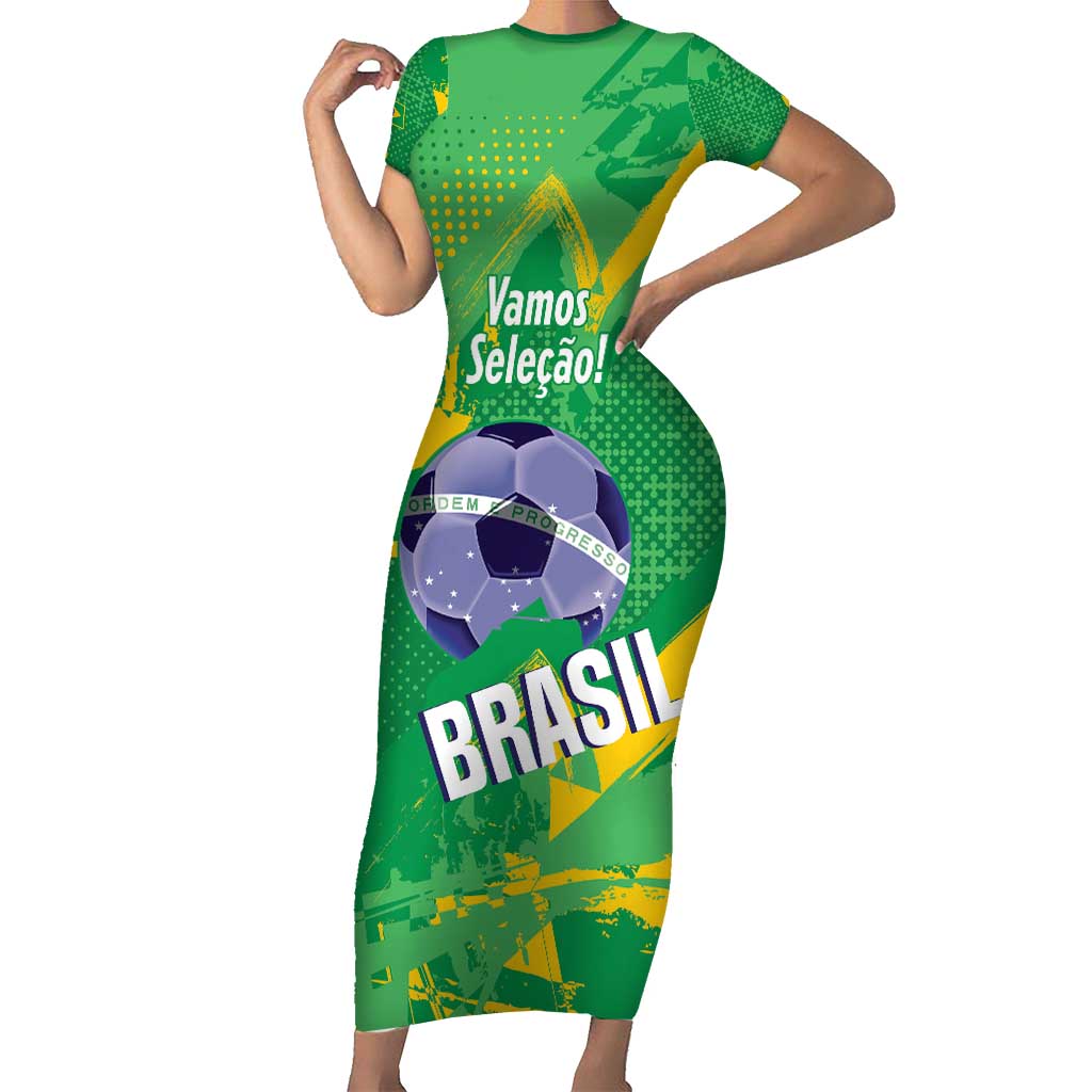 Custom Brazil Football Short Sleeve Bodycon Dress Vamos Selecao Brushes Style - Wonder Print Shop
