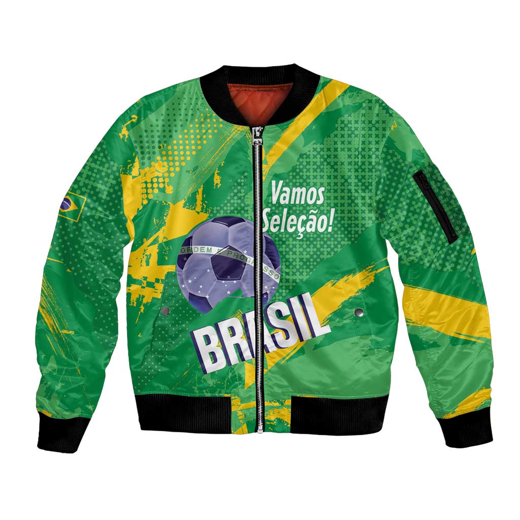 Custom Brazil Football Sleeve Zip Bomber Jacket Vamos Selecao Brushes Style - Wonder Print Shop