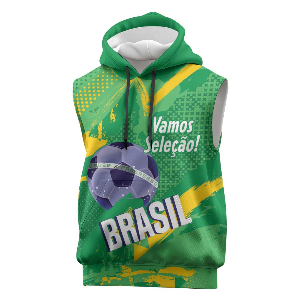 Custom Brazil Football Sleeveless Hoodie Vamos Selecao Brushes Style - Wonder Print Shop