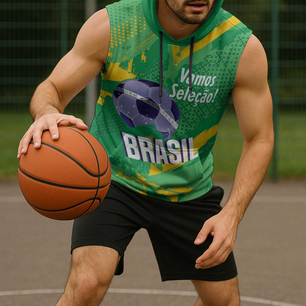 Custom Brazil Football Sleeveless Hoodie Vamos Selecao Brushes Style - Wonder Print Shop