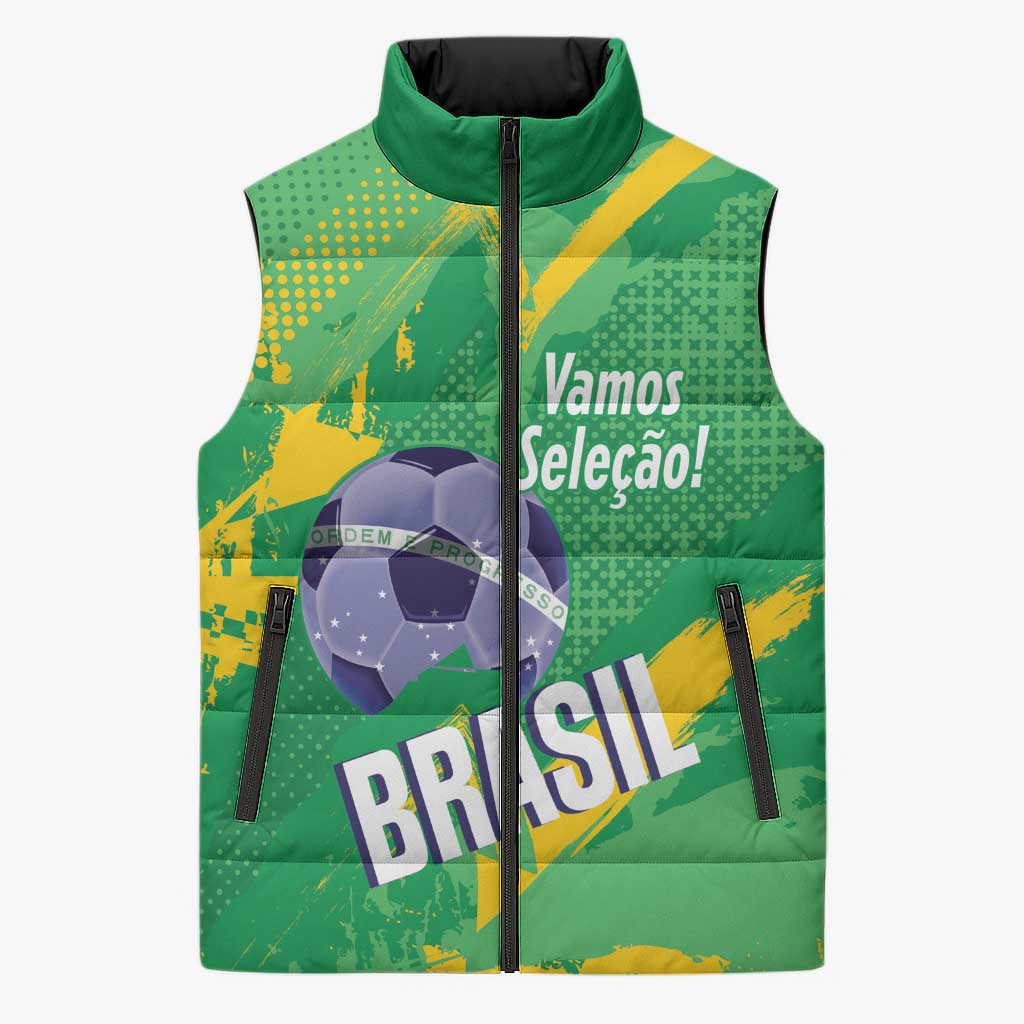 Custom Brazil Football Sleeveless Puffer Jacket Vamos Selecao Brushes Style - Wonder Print Shop