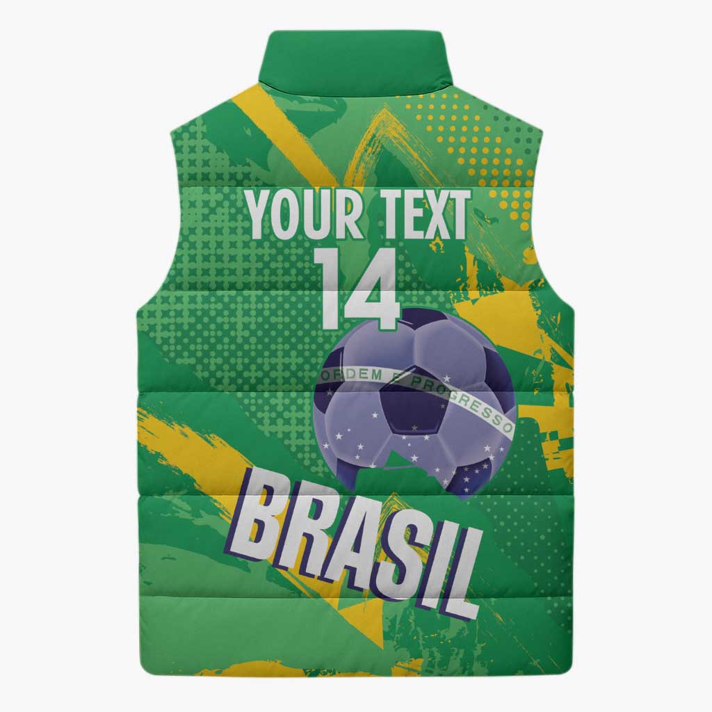 Custom Brazil Football Sleeveless Puffer Jacket Vamos Selecao Brushes Style - Wonder Print Shop