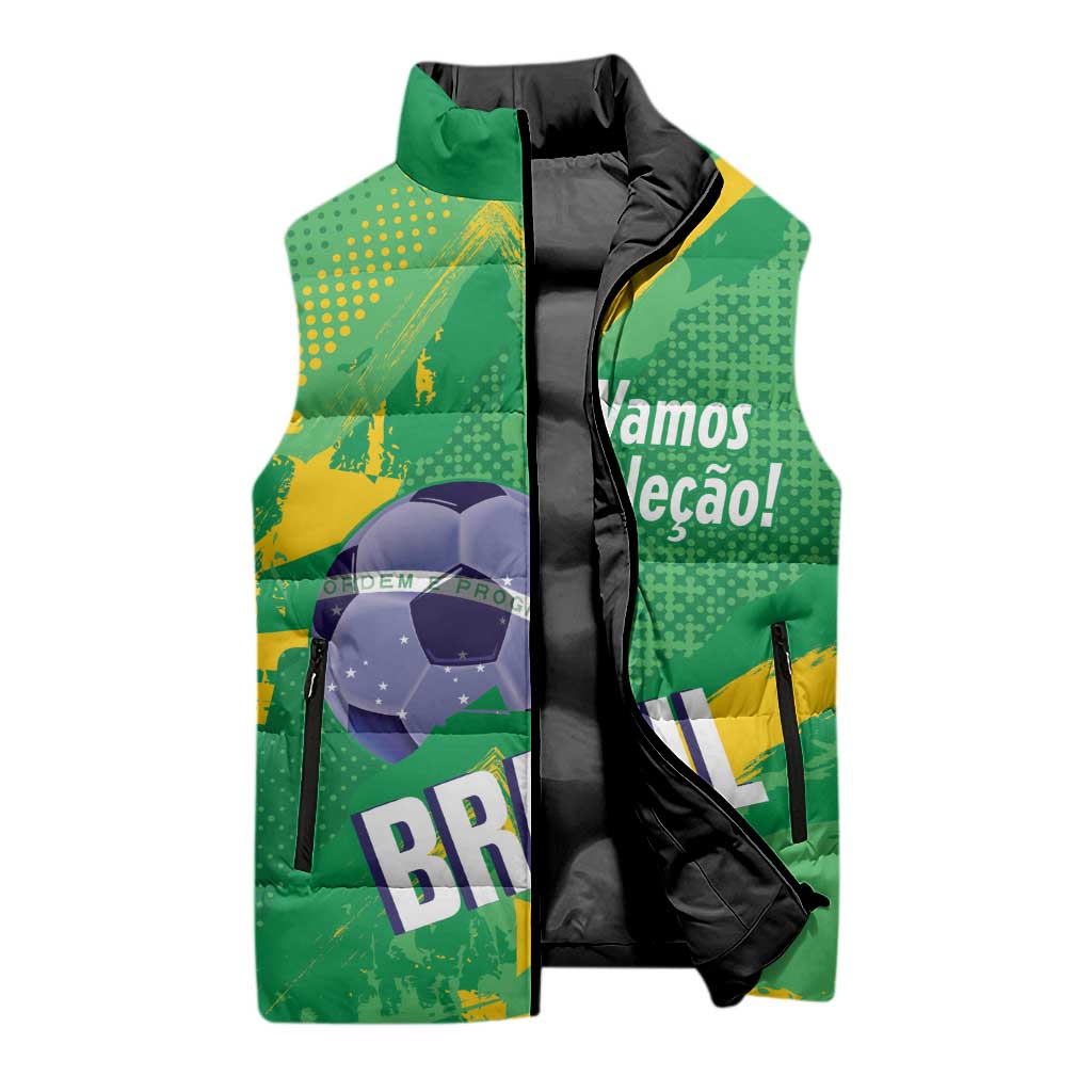 Custom Brazil Football Sleeveless Puffer Jacket Vamos Selecao Brushes Style - Wonder Print Shop