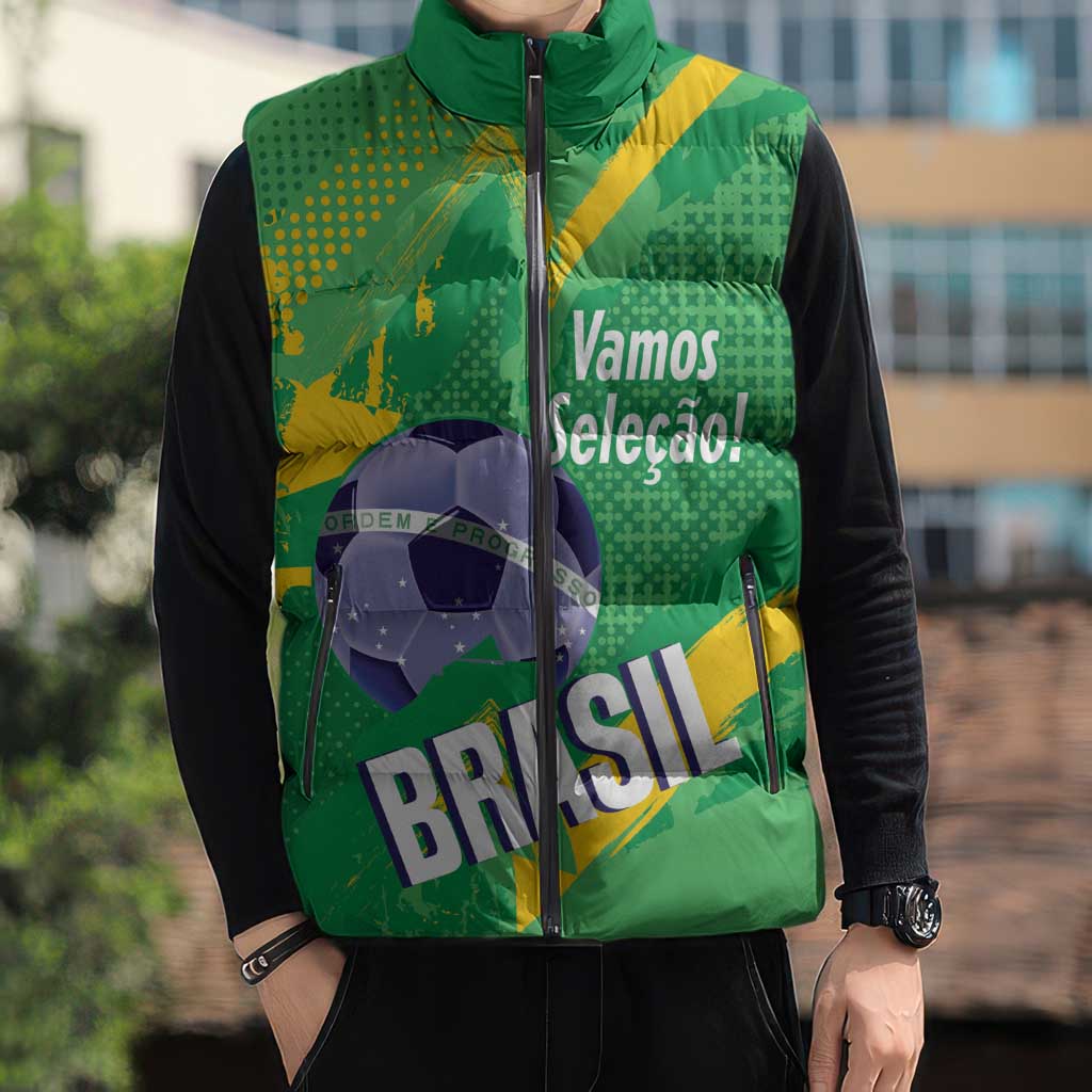 Custom Brazil Football Sleeveless Puffer Jacket Vamos Selecao Brushes Style - Wonder Print Shop