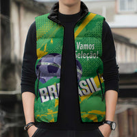 Custom Brazil Football Sleeveless Puffer Jacket Vamos Selecao Brushes Style - Wonder Print Shop
