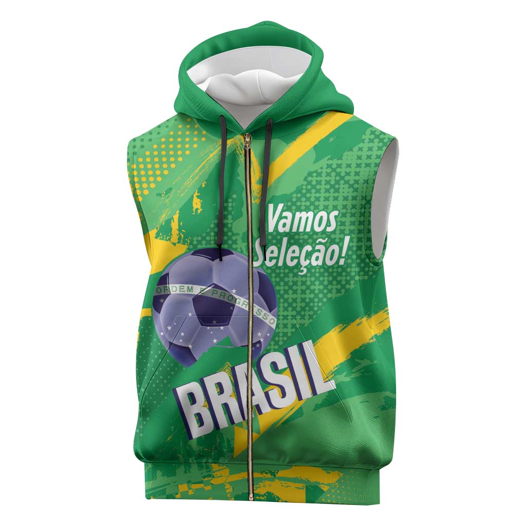 Custom Brazil Football Sleeveless Zip Hoodie Vamos Selecao Brushes Style - Wonder Print Shop