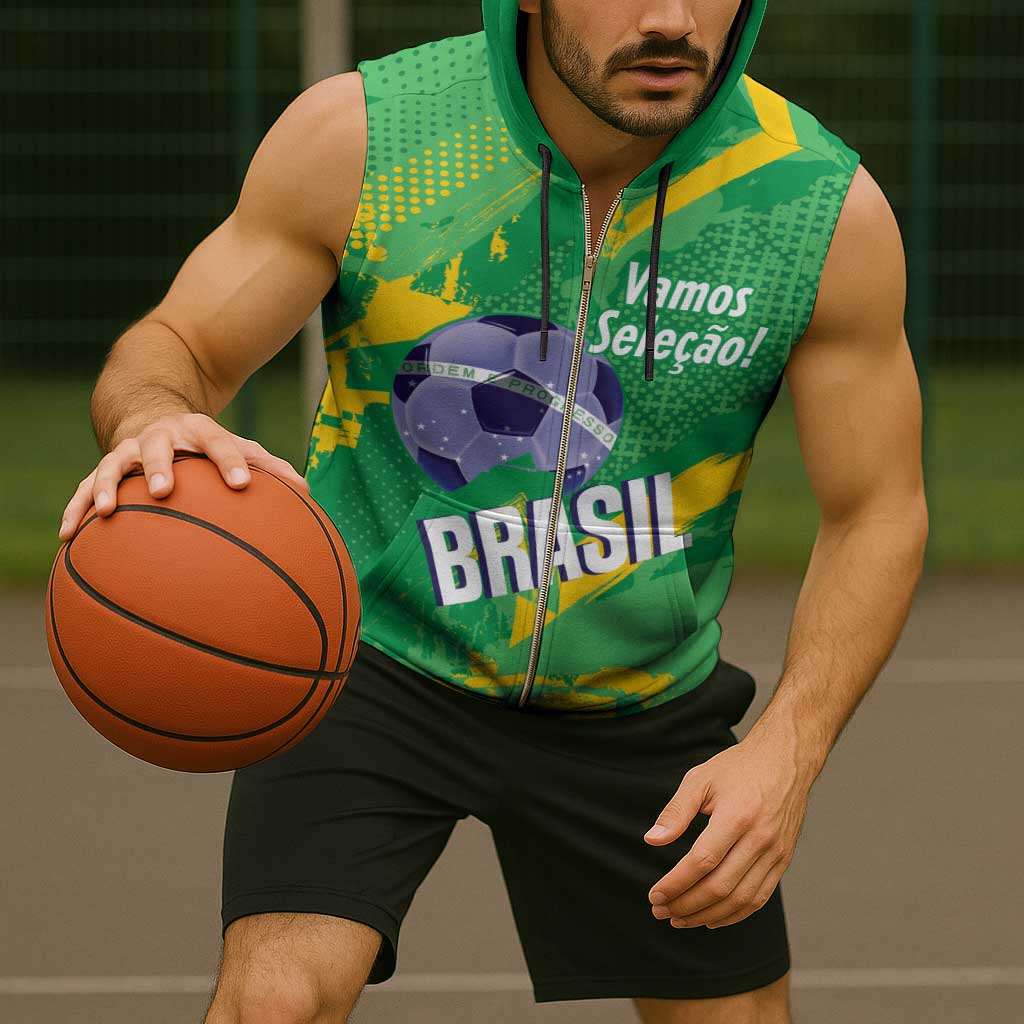 Custom Brazil Football Sleeveless Zip Hoodie Vamos Selecao Brushes Style - Wonder Print Shop