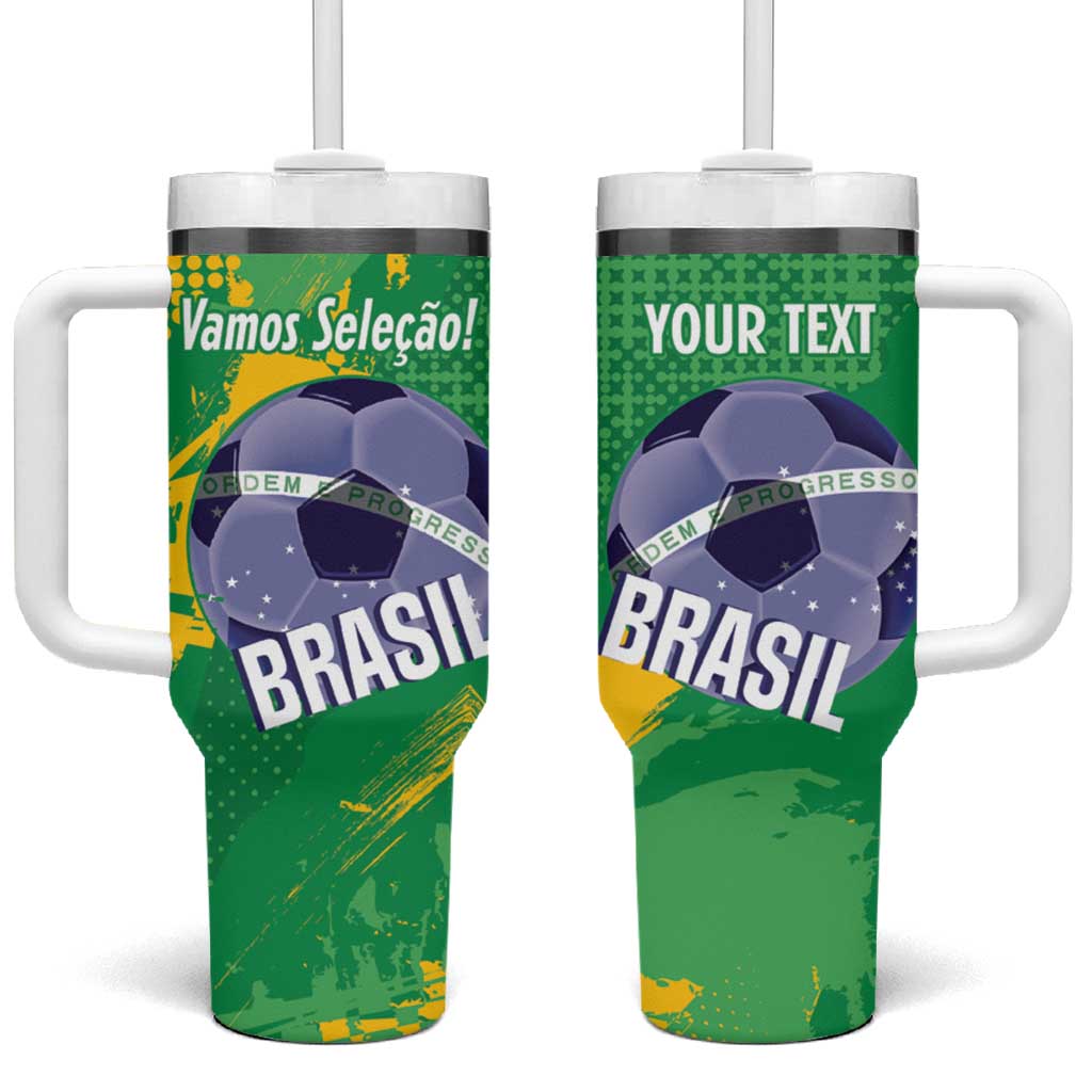 Custom Brazil Football Tumbler With Handle Vamos Selecao Brushes Style - Wonder Print Shop