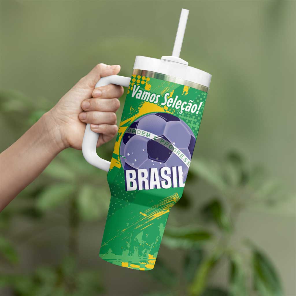 Custom Brazil Football Tumbler With Handle Vamos Selecao Brushes Style - Wonder Print Shop