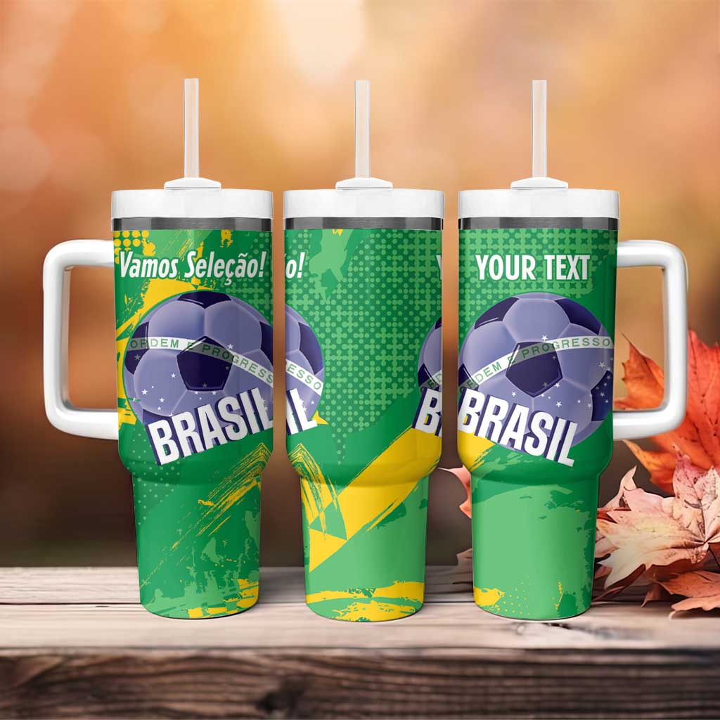 Custom Brazil Football Tumbler With Handle Vamos Selecao Brushes Style - Wonder Print Shop