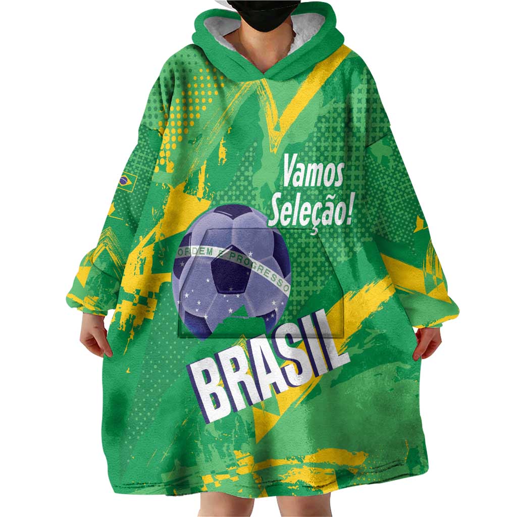 Custom Brazil Football Wearable Blanket Hoodie Vamos Selecao Brushes Style - Wonder Print Shop