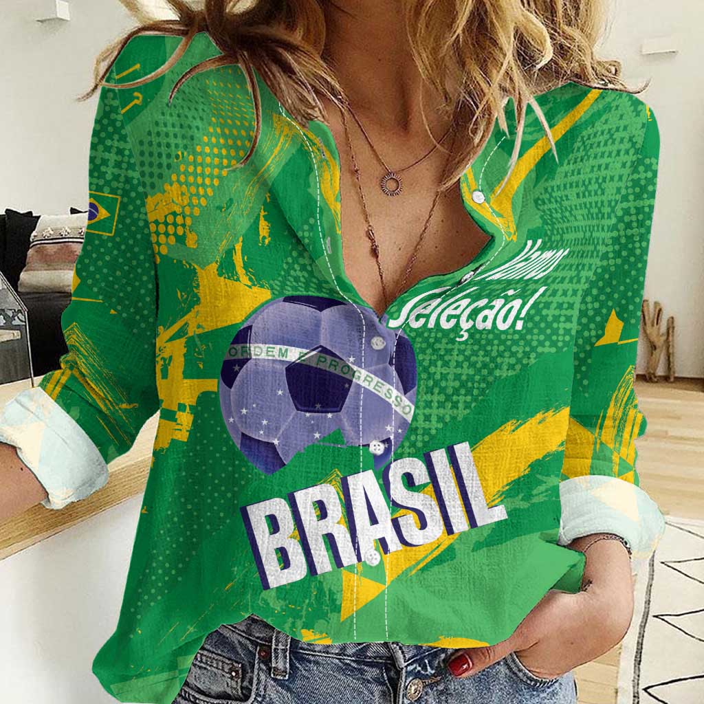 Custom Brazil Football Women Casual Shirt Vamos Selecao Brushes Style - Wonder Print Shop