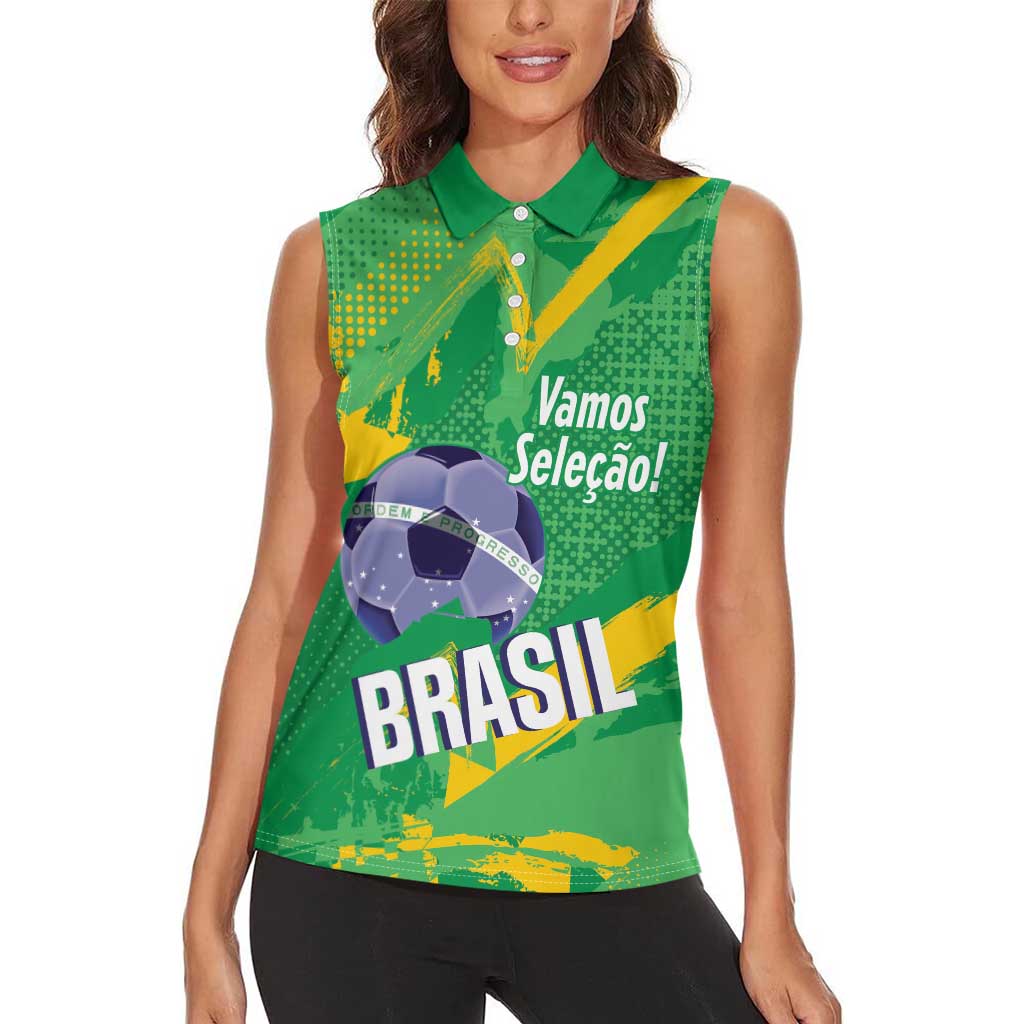 Custom Brazil Football Women Sleeveless Polo Shirt Vamos Selecao Brushes Style - Wonder Print Shop