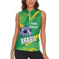 Custom Brazil Football Women Sleeveless Polo Shirt Vamos Selecao Brushes Style - Wonder Print Shop