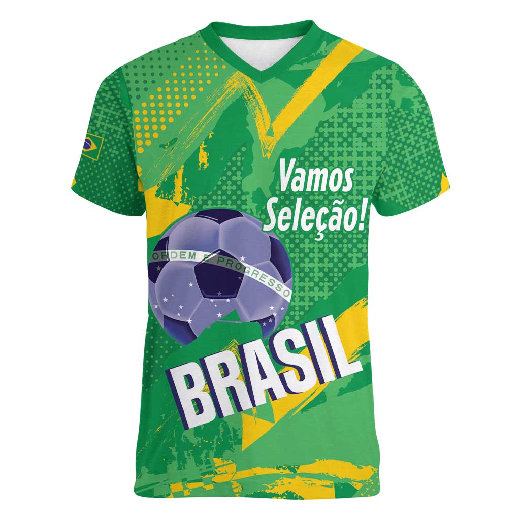 Custom Brazil Football Women V-Neck T-Shirt Vamos Selecao Brushes Style - Wonder Print Shop